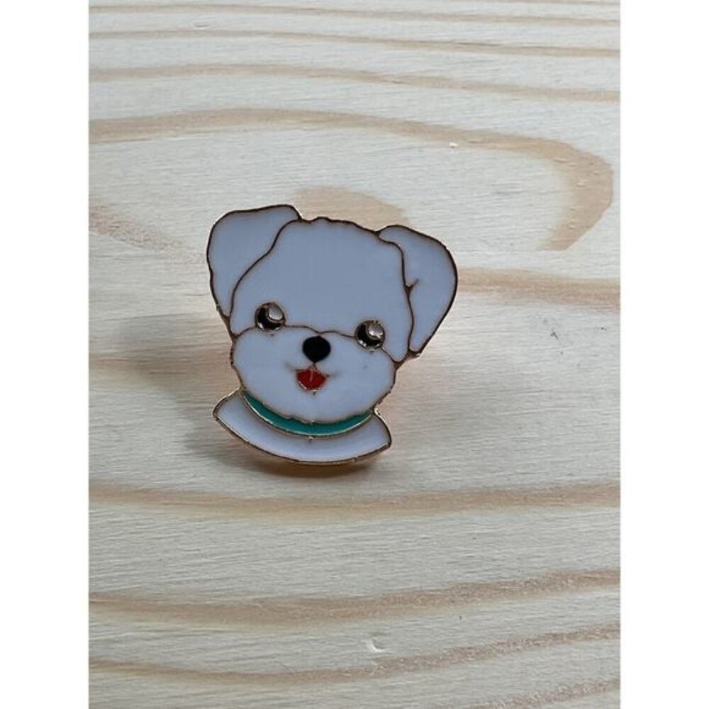 White Corgi Shibu Enameled Dog Puppy Pin With Gold-Tone Back